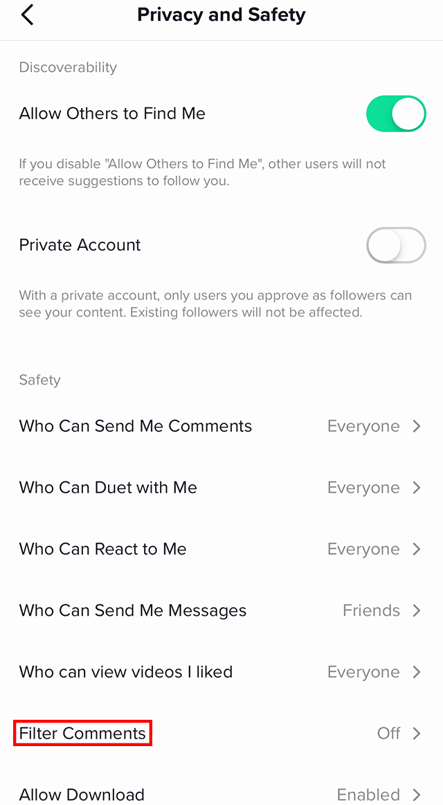 TikTok filter comments